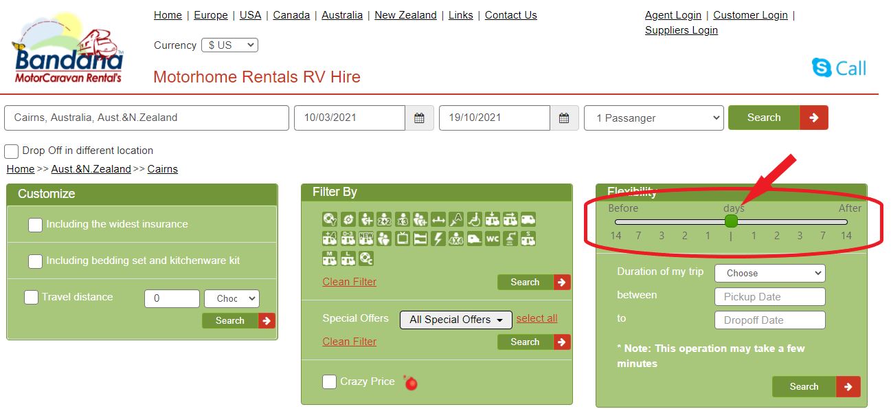 Motorhome rental in Australia - Flexibility filter