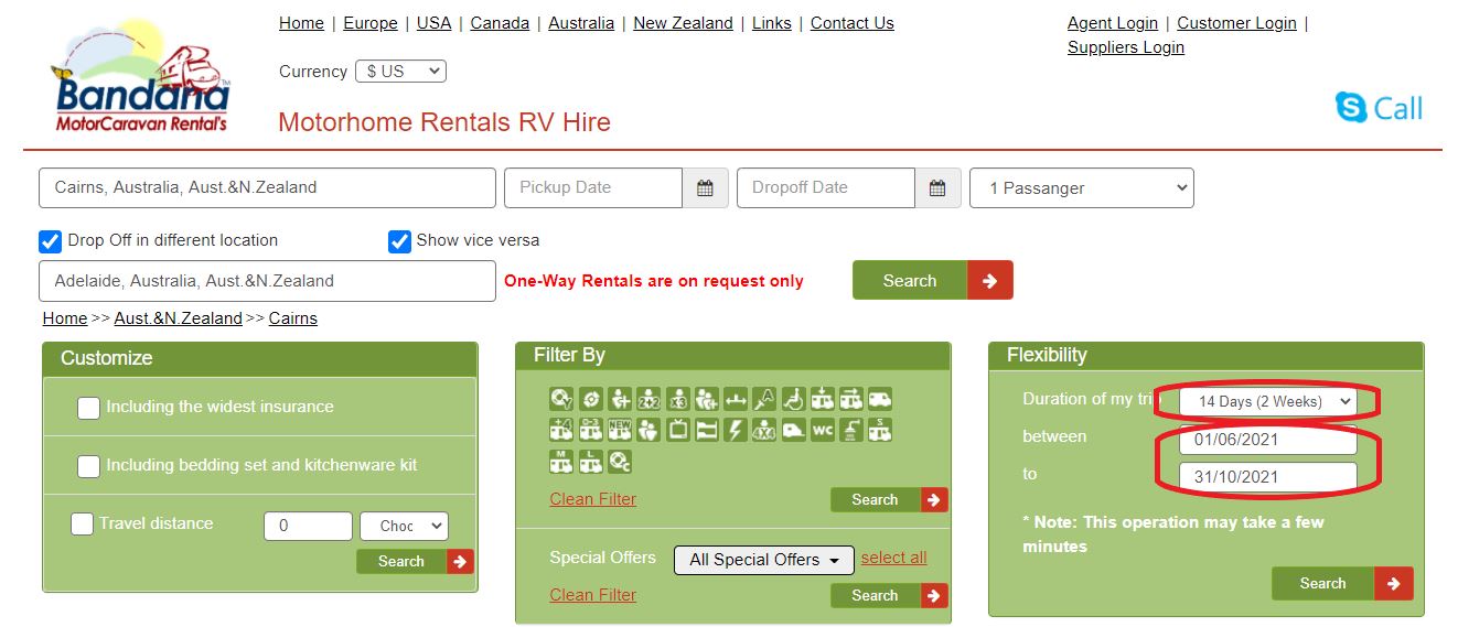 Motorhome rental in Australia - Flexibility period search