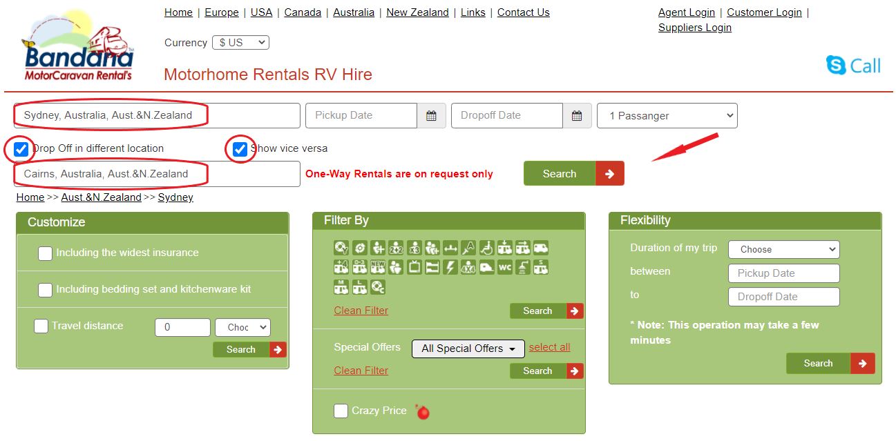 Motorhome rental in Australia - One Way rental search